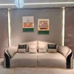 Curved Luxury Sofa Set with Fan Quilted Craftsmanship, High-Gloss Natural Burl Wood Veneer & Gold Stainless Steel Detailing